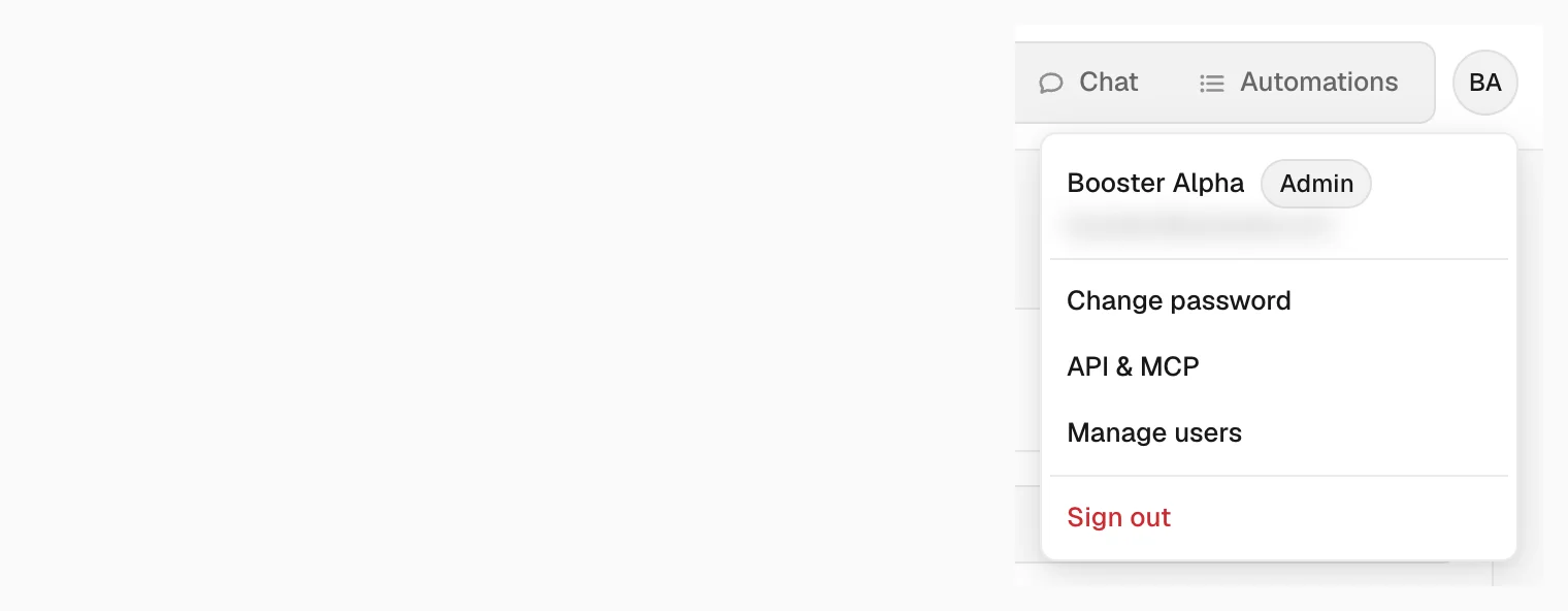 The account menu: password, API & MCP, users, sign out
