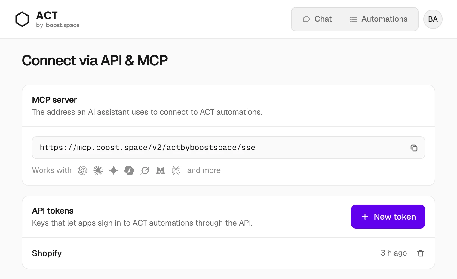 API & MCP: the MCP server address and your API tokens