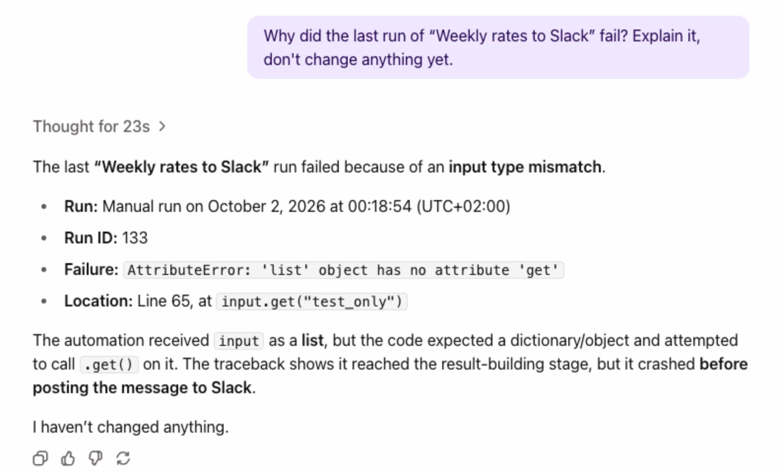 The agent explains a failed run: the input arrived as a list, not a dictionary