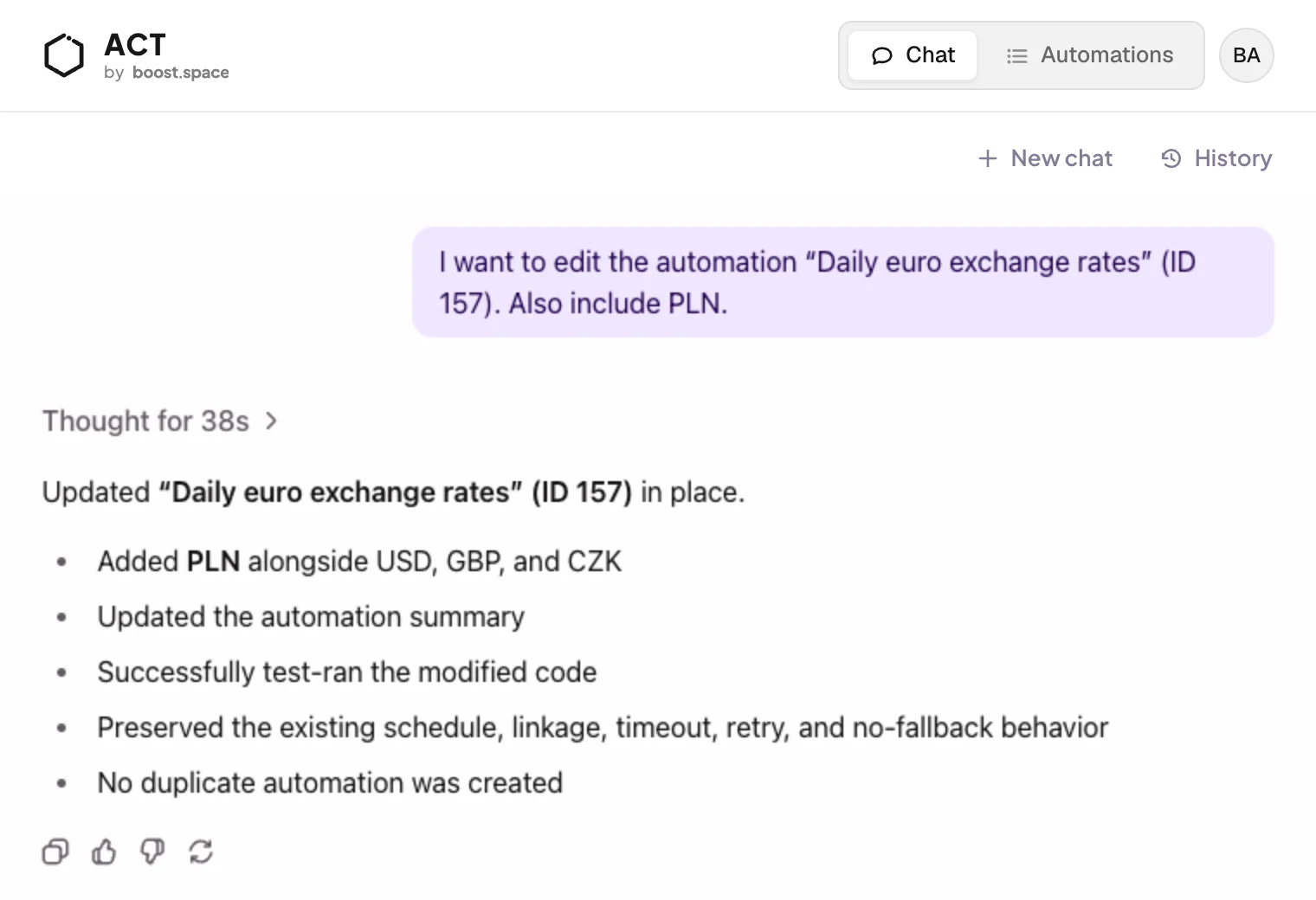 The agent adds PLN to an existing automation and confirms the test run
