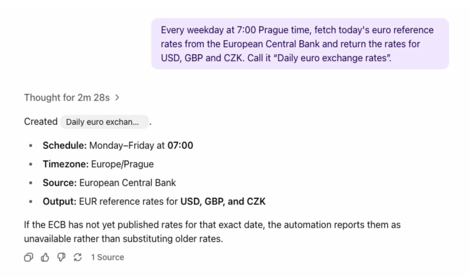 The agent confirms the new automation with its schedule, source and output