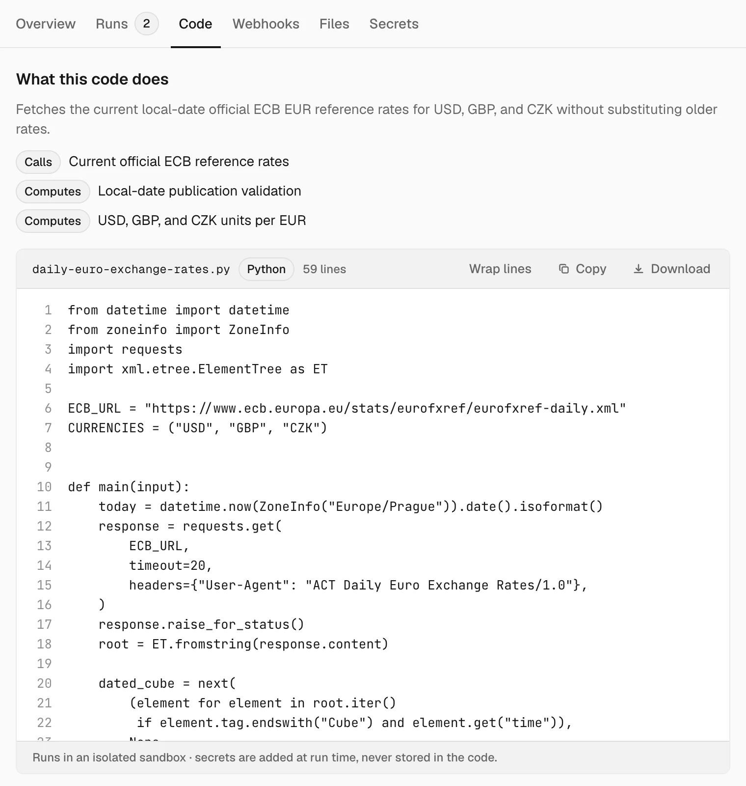 The Code tab: a plain summary above the source