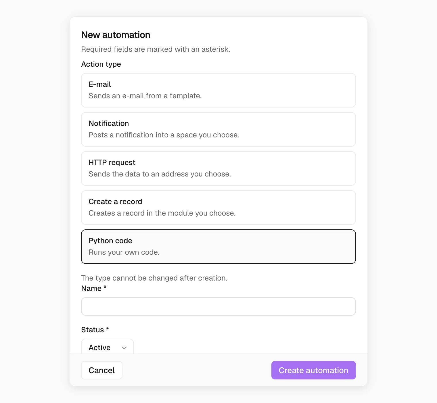 The New automation form with its five action types