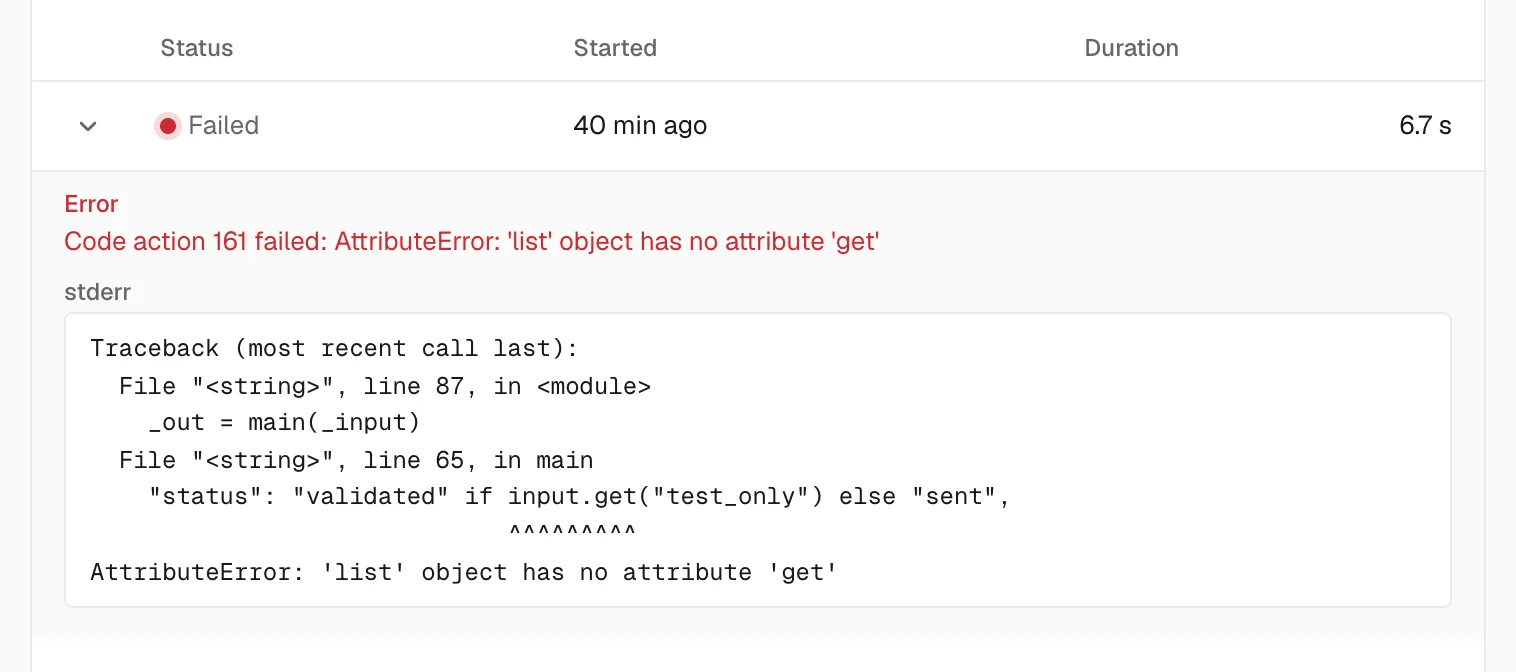 A failed run with its error and traceback