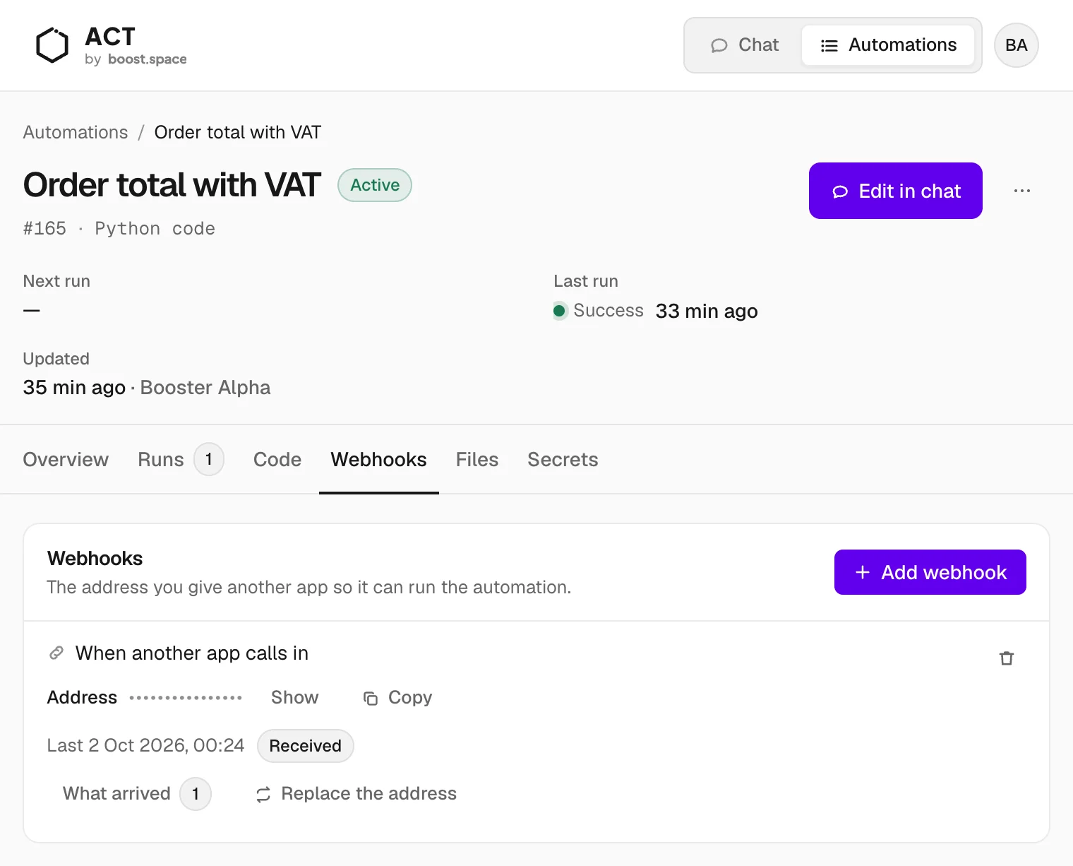 The Webhooks tab: a hidden address, the last delivery, and what arrived