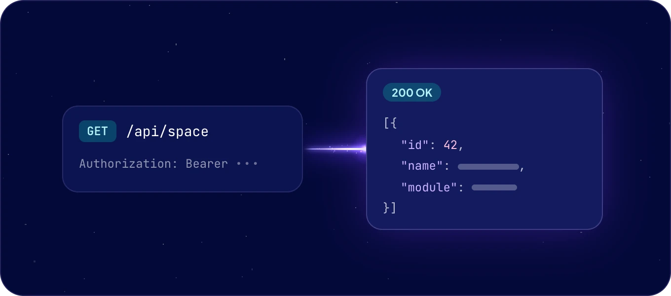 A GET request to /api/space with a Bearer token, and its JSON response