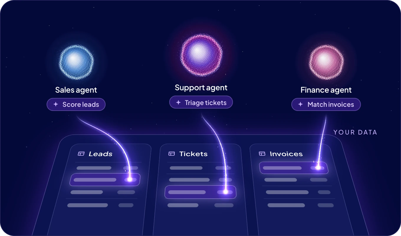 Three AI agents, each with its own skill, working on the records of one shared data layer