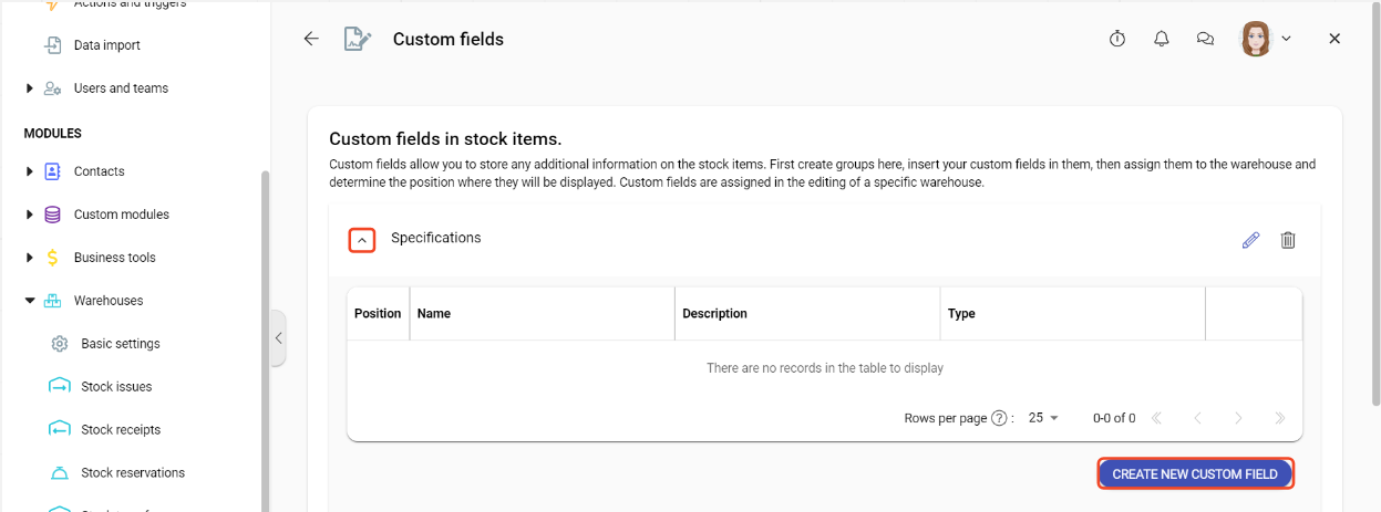 Custom field - Open specifications - Create new custom field