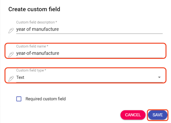 Create custom filed - fill name and type 