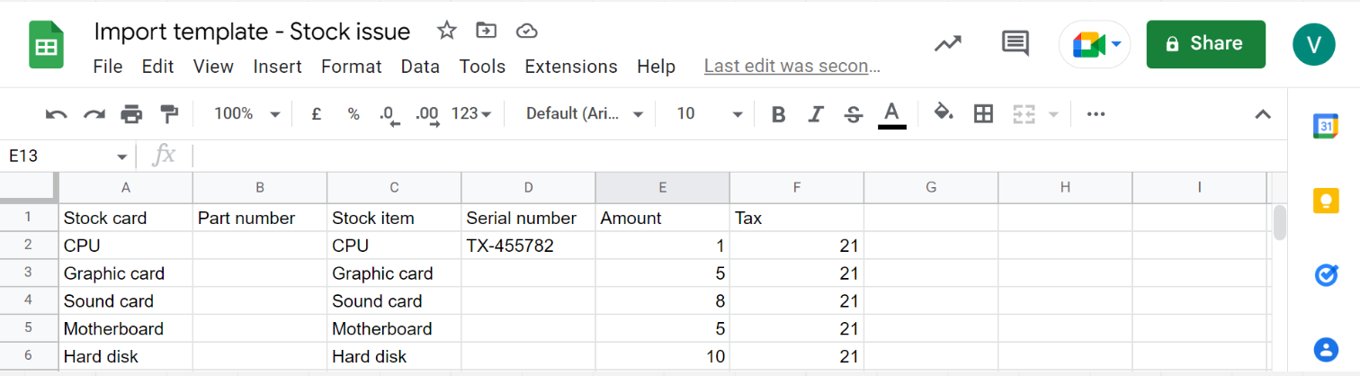 Google Sheets - Template - stock card, part number, stock item, serial number, amount, tax