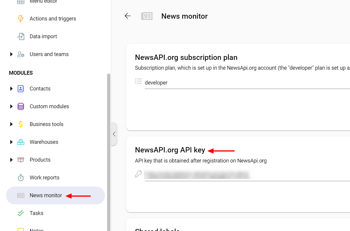 System settings for admin - modules - news monitor - NewsAPI.org API key