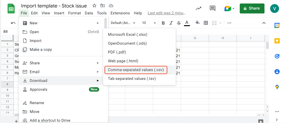 Google Sheets - download the template in csv