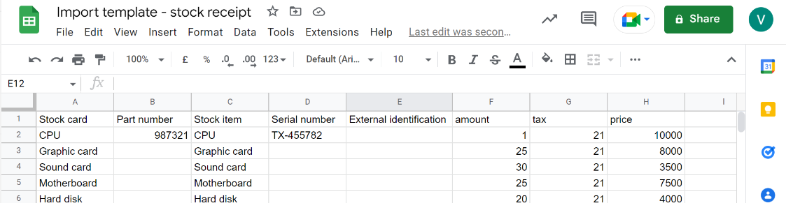 Template for stock receipt - stock card, part number, stock item, serial number, external identification, amount, tax, price