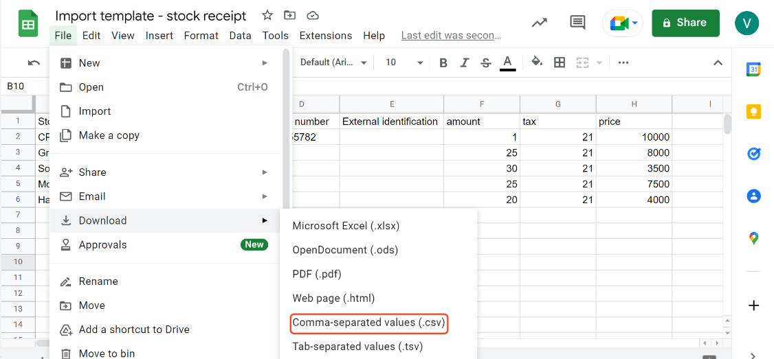 Download the template in csv format