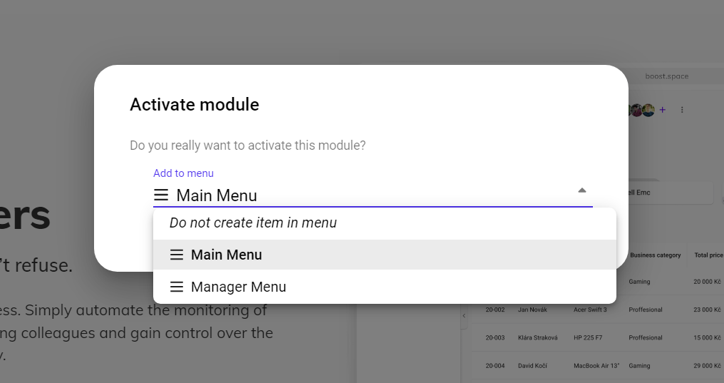 choose menu for new module