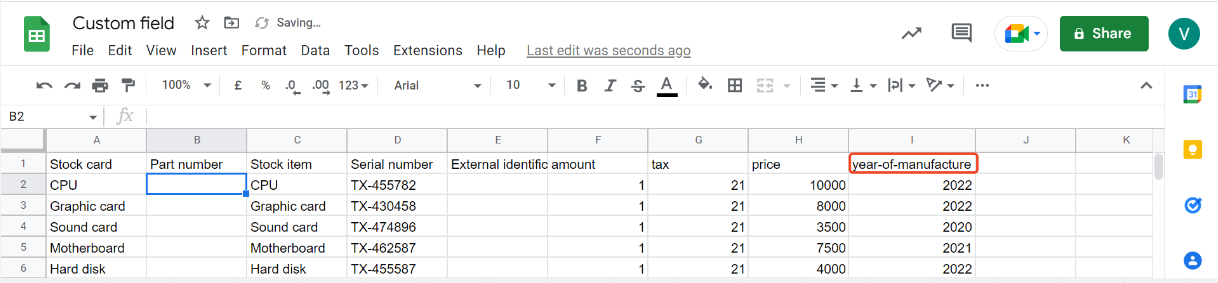 Google Sheets - Spreadsheet with 8 fields 